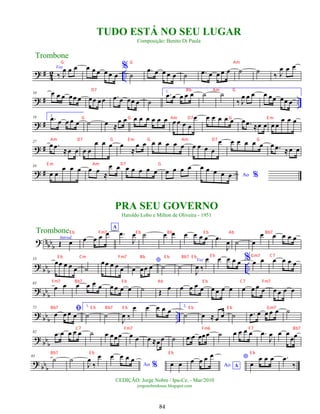 ? #
4
2 ..
Voz
‰ J
œ œ œ œ œ œ œ œ œ
%
˙
.
œ œ œ œ œ ˙ .
œ œ œ œ œ ˙ ˙
‰ J
œ œ œ
? # ..
10 œ œ œ œœ œ œœ œœ .
œ œ œœ œ ˙
1.
.
œ œ œ œ œ ˙ ˙
‰ J
œ œ œ œ œœ œœ œ
? #
19 2.
.
œ œ œ œ œ ˙ œ ≈
œ œ œ œ œ œ œ œ œ œ œ œ
œ œ œ œ œ œ œ .
œ ≈œ œ œ œ
œ œ œ
? #
27
œ .
œ ≈œ œ œ œ
œ œ œ œ
≈
œ œ œ œ œ œ œ œ œ œ œ
œ œ œ œ œ œ œ .
œ ≈œ œ
? #
34
œ œ
œ œ œ œ œ
≈
œ œ œ œ œ œ œ œ œ œ œ
Ao %
œ œ œ œ œ
n
bb
b
Introd.
Œ
? œ
A
œ œ œ œ .
œ
J
œ ˙ œ œ œ œ œ œ .
œ
J
œ ˙ œ
œ œ œ œ œ
?
bbb ..
53
œœ œ œ œ ˙
œœ œ œ œ
*
œ œœ œ ˙ ˙
Voz
J
œ ‰
œ œ œ œ œ % œ œ œ œ œ œ
?
bb
b
63
œ œ œ œ œ œ œ œ œ œ ˙ Œ œ œ œ œ œ œ œ œ œ œ œ œ œ œ œ œ œ
?
bb
b ..
72 ﬁ
œ œ œ œ
1.
˙ ˙
J
œ ‰
œ œ œ œ œ
2.
˙ œ ≈ œ œ ˙ .
œ œ œ œ œ ˙
?
bb
b
82 .
œ œ œ œ œ ˙ œ œœœ œ œ œ ≈œœ ˙ .
œ œ œœœ ˙ œ œ œ œ .
œ
J
œ œ œ
œœ
?
bb
b
93
˙ ˙
J
œ
‰
œ
Ao %
œ œ œ œ
œ œ Ao A
œ œ œ œ *
œ
œ œ œ .
œ
‰
Trombone
©EDIÇÃO: Jorge Nobre / Ipu-Ce. - Mar/2010
jorgenobredosax.blogspot.com
TUDO ESTÁ NO SEU LUGAR
Composição: Benito Di Paula
PRA SEU GOVERNO
Haroldo Lobo e Mílton de Oliveira - 1951
Trombone
84
G G Am
D7 Bb Am G
G G Am D7 G E m
Am D7 G E m G Am D7 G
E m Am D7 G
E b Gm7 C7
Fm7 Bb7 E b Ab E b C7 Fm7
Bb7 E b Bb7 E b E b E b Gm7
C7 Fm7 Fm6 F7 Bb7
Bb7 E b E b E b
E b Fm7 E b Bb E b Ab Bb7
E b Cm Fm7 Bb E b Bb7 E b
 