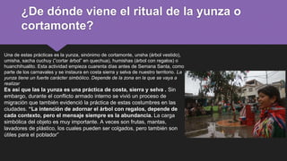 ¿De dónde viene el ritual de la yunza o
cortamonte?
Una de estas prácticas es la yunza, sinónimo de cortamonte, unsha (árbol vestido),
umisha, sacha cuchuy (”cortar árbol” en quechua), humishas (árbol con regalos) o
huanchihualito. Esta actividad empieza cuarenta días antes de Semana Santa, como
parte de los carnavales y se instaura en costa sierra y selva de nuestro territorio. La
yunza tiene un fuerte carácter simbólico. Depende de la zona en la que se vaya a
realizar
Es así que las la yunza es una práctica de costa, sierra y selva . Sin
embargo, durante el conflicto armado interno se vivió un proceso de
migración que también evidenció la práctica de estas costumbres en las
ciudades. “La intención de adornar el árbol con regalos, depende de
cada contexto, pero el mensaje siempre es la abundancia. La carga
simbólica del objeto es muy importante. A veces son frutas, mantas,
lavadores de plástico, los cuales pueden ser colgados, pero también son
útiles para el poblador”
 