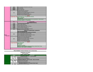 07/03
Segunda-feira


                     20h         Bloco Carnavalesco Misto Pierrô de São José
                    20h15        Bloco das Flores
                    20h30        Bloco da Saudade
                    20h45        Bloco Eu Quero Mais
                                 Orquestra Harmonia (itinerante)
                                 Passistas do Grupo Brincant'ar
                                 Orquestra de Frevo Maestro Rodrigues (itinerante)
                       21h
                                 Passistas da Cia Angelita Kerolaine
                                 Orquestra de Frevo Superpop (itinerante)
                                 Passistas do Grupo Mudança Popular
                                                              PALCO
                A partir das 21h Antúlio Madureira e Orquestra Perré Bumba
                                 Siba e a Fuloresta
                                 Nena Queiroga
                                 Josildo Sá com participação especial de Leo Gandelman e João Donato
                                 SILVÉRIO PESSOA e a Trombonada

                     Hora                                               Programação
                                                               PROGRAMAÇÃO INFANTIL
                     15:00         Cia de Dança Brasil Brinquedo
                     16:00         Bloco Eu Quero Maizinho
                     16:30         Boi Cara Branca de Limoeiro
                     17:00         Maracatu Nação Estrelar (Daruê Malungo)
                     17:30         Maracatu Nação Pernambuco
                     18:00         Troça Carnavalesca Missangueiras
                                   Orquestra de Frevo 100% Mulher (itinerante)
                      19h
                                   Passistas do Grupo Divinos Passos
                                                       DESFILE DE AGREMIAÇÕES E ORQUESTRA
                                   NOITE DOS MASCARADOS
                                   BAILE DE MÁSCARAS COM O BLOCO DA SAUDADE
                                   Grupo de Mascarados Piriquitos do Zumbi
                      20h          Grupo de Mascarados Fantásticos do Pina
08/03                              Grupo de Mascarados Turma das Almas do Cordeiro
  Terça-feira                      Grupo de Mascarados Palhaços de Olinda
                                   Orquestra de Frevo Abre-alas (itinerante)
                                   Passistas da Cia de Dança Brasiliart
                                   Orquestra de Frevo Vereda Tropical (itinerante)
                      20h
                                   Passistas da Cia de Dança Luardat
                                   Mendes e sua Orquestra (itinerante)
                                   Passistas do Grupo Angelita Kerolaine
                                                               PALCO
                A partir das   20h Flor do Muçambê
                                   Bellas Marias
                                   As Conxitas
                                   Orquestra Lourdinha
                                   Ságrama com participação especial de Edilza, Renata Rosa e Isaar
                                   Orquestra 100% Mulher e convidadas




                       PÓLO MANGUE (Festival Recbeat) de 5 a 8 de março

                                           CORREDOR DO FREVO
                                                  Bairro do Recife
                                             Moeda / Arsenal / Moeda
                     Hora                                              Programação
                                             ESTAÇÃO DO FREVO Nº 1 ( Rua da Moeda)
                  16h - 18h30       Orquestra de Frevo de Maia
                                    Orquestra de Frevo Os Tangarás
                  18h30 - 21h
                                    Passistas do Grupo Zenaide Bezerra
                                    ESTAÇÃO DO FREVO Nº 2 (Rua do Apolo - Banco do Brasil)
                  16h - 18h30       Orquestra de Frevo Som Brasil
                                    Orquestra de Frevo Primavera
                  18h30 - 21h
                                    Passistas do Grupo Na Onda do Frevo
                                       ESTAÇÃO DO FREVO Nº 3 ( Travessa do Bom Jesus)
                  16h - 18h30       Orquestra de Frevo Novo Horizonte
 