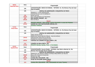 28/02        Hora
                                                        Programação
Segunda-Feira
                        CONCENTRAÇÃO: BANCO DO BRASIL - ROTEIRO: Av. Rio Branco/ Rua da Guia/
                 16h
                        Pça do Arsenal
                 18h                  DESFILE DE AGREMIAÇÃO E ORQUESTRA DE FREVO
                        MENDES E E SUA ORQUESTRA
                        PASSISTAS DA CIA PE-NAMBUCO
                 19h    Afoxé Axé Ifá
                19h30   BOI CARA BRANCA DE PRAZERES
                 20h    BOI GAVIÃO (MACEIÓ - AL)
                20h30   BOI ESTRELA
                                                 PALCO
                 21h    PROJETO FREVOS - Vitor Araújo, Vinicius Sarmento e Lucas dos Prazeres
                22h30   ANDRÉ RIO COM PARTICIPAÇÃO EPECIAL DE :
                        MORAES MOREIRA
   01/03        Hora
                                                        Programação
 Terça-Feira
                        CONCENTRAÇÃO: BANCO DO BRASIL - ROTEIRO: Av. Rio Branco/ Rua da Guia/
                 16h
                        Pça do Arsenal
                 19h                DESFILE DE AGREMIAÇÃO E ORQUESTRA DE FREVO
                        GRES DEIXA FALAR
                        SAÍDA DA TROÇA BACIA D'ÁGUA - RUA DO APOLO
                19h30   ORQUESTRA POPULAR DO RECIFE
                        PASSISTAS GRUPO FAZENDO ARTE
                20h30   CORTEJO DO CORDÃO DO BOLA PRETA (RJ)
                                               PALCO
                 21h    CORDÃO DO BOLA PRETA (RJ)
                21h30   PROJETO Bomba, Samba, Frevo e Convidados
   02/03
                Hora                                    Programação
 Quarta-feira
                        CONCENTRAÇÃO: Rua da Moeda - ROTEIRO: Rua Mariz e Barros/ Av. Rio
                 16h
                        Branco/ Rua da Guia/ Pça do Arsenal
                 18h                   DESFILE DE AGREMIAÇÃO E ORQUESTRA DE FREVO
                        MARACATU DE BAQUE VIRADO ESTRELA BRILHANTE DO RECIFE
                19h30   Bloco Afro Raizes do Quilombo
                 20h    AFOXÉ Ara Odé
                20h30   Corteja Afro (SALVADOR - BA)
                 21h    Grupo de Percussão Quebra Baque
                                                   PALCO
                 21h    Cortejo Afro (SALVADOR - BA), Participação de Juracy Tavares
 