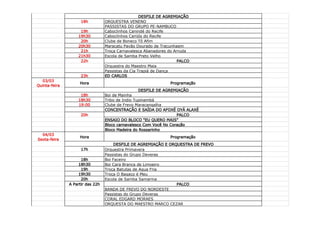 DESFILE DE AGREMIAÇÃO
                     18h          ORQUESTRA VENENO
                                  PASSISTAS DO GRUPO PE-NAMBUCO
                    19h           Caboclinhos Canindé do Recife
                   19h30          Caboclinhos Carijós do Recife
                    20h           Clube de Boneco Tô Afim
                   20h30          Maracatu Pavão Dourado de Tracunhaem
                    21h           Troça Carnavalesca Abanadores do Arruda
                   21h30          Escola de Samba Preto Velho
                    22h                                              PALCO
                                  Orquestra do Maestro Maia
                                  Passistas da Cia Trapiá de Dança
                     23h          ED CARLOS
  03/03
                    Hora                                         Programação
Quinta-feira
                                                   DESFILE DE AGREMIAÇÃO
                    18h           Boi de Mainha
                   18h30          Tribo de Indio Tupinambá
                   19:00          Clube de Frevo Maracangalha
                                  CONCENTRAÇÃO E SAÍDA DO AFOXÉ OYÁ ALAXÉ
                     20h                                            PALCO
                                  ENSAIO DO BLOCO "EU QUERO MAIS"
                                  Bloco carnavalesco Com Você No Coração
                                  Bloco Madeira do Rossarinho
  04/03
                    Hora                                         Programação
Sexta-feira
                                       DESFILE DE AGREMIAÇÃO E ORQUESTRA DE FREVO
                     17h          Orquestra Primavera
                                  Passistas do Grupo Deveras
                     18h          Boi Faceiro
                    18h30         Boi Cara Branca de Limoeiro
                     19h          Troça Batutas de Agua Fria
                    19h30         Troça O Bagaço é Meu
                     20h          Escola de Samba Samarina
               A Partir das 22h                                   PALCO
                                  BANDA DE FREVO DO NORDESTE
                                  Passistas do Grupo Deveras
                                  CORAL EDGARD MORAES
                                  ORQUESTA DO MAESTRO MARCO CEZAR
 