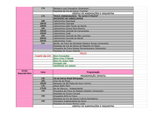 17h          Mendes e sua Orquestra (itinerante)
                                   Passistas da Cia de Dança Tradição
                                                      DESFILE DE AGREMIAÇÕES E ORQUESTRA
                      17h          TROÇA CARNAVALESCA "EU ACHO É POUCO"
                                   ENCONTRO DE CABOCLINHOS
                     18h           Caboclinhos Kapinawá
                    18h20          Caboclinhos Tapirapé
                    18h40          Caboclinhos Sete Flexas do Recife
                     19h           Caboclinhos Oxossi Pena Branca
                    19h20          Caboclinhos Canindé de Camaragibe
                    19h40          Caboclinhos Tupã
                     20h           Caboclinhos Canindé de São Lourenço
                    20h20          Caboclinhos Canindé do Recife
                    20h40          Caboclinhos Truka
                     21h           Banda de Frevo do Nordeste Maestro Nunes (itinerante)
                                   Passistas da Cia de Dança de Repente no Passo
                                   Orquestra de Frevo Raízes Pernambucana (itinerante)
                                   Passistas do Grupo Galante
                                                             PALCO
                A partir das 21h   Bloco Evocações
                                   Bloco Lírico O Bonde
                                   Bloco Eu Quero Mais
                                   Gonzaga Leal
                                   DEMÔNIOS DA GAROA

   07/03
                     Hora                                       Programação
Segunda-feira
                                                              PROGRAMAÇÃO INFANTIL
                     15h           Cia de Dança Brasil Brinquedo
                     16h           Urso Zé da Pinga
                    16h30          Maracatu de BS Piaba de Ouro (mirim)
                     17h           Afoxé Alafin Mimi
                    17h30          Boi da Macuca - independente
                     14h           Orquestra de Frevo do Maestro Botelho (itinerante)
                                   Passistas do Grupo Carcará
                      15h          Orquestra ACN no Frevo
                                   Passistas da Cia de Dança Cultura Nordestina
                      16h          Orquestra Independente do Ibura
                                   Passistas do Grupo Mariza Lopes
                                                      DESFILE DE AGREMIAÇÕES E ORQUESTRA
 