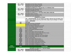 16h - 18h30   Orquestra de Frevo Novo Horizonte
              18h30 - 21h   Orquestra de Frevo Vereda Tropical
                            Passistas da Cia de Dança Saltos
                            ESTAÇÃO DO FREVO Nº 4 ( Rua da Guia / Av. Barbosa Lima)
              16h - 18h30   Orquestra de Frevo Henrique Dias
              18h30 - 21h   Orquestra Explosão do Frevo
                            Passistas da Cia de Dança Tradição
                            ESTAÇÃO DO FREVO Nº 5 ( Rua Dona Maria César /Folha PE)
              16h - 18h30   Orquestra Júnior no Frevo
              18h30 - 21h   Orquestra de Frevo Pequenina Boa
                            Passistas do Grupo Dançaricar
                                               CORREDOR DO FREVO
                            16h - CONCENTRAÇÃO: Rua da Moeda/ Rua Mariz e Barros/ Rua do Apolo/ Trav.
                            do Bom Jesus/ Rua da Guia/ Rua Dona Maria César/ Rua da Moeda/ Av. Alfredo
                            Lisboa - DISPERSÃO
                 16h        Clarinada
                 16h        Orquestra de Frevo Continental
                            Passistas dos Campeões 2011
                            Turma de Palhaços Periquitos do Zumbi
                            Clube Carnavalesco Reizado Imperial
                 17h        Bloco Cordas e Retalhos
                17h15       Troça Carnavalesca Estrela da Tarde
                17h30       Bloco O Bonde
                17h45       Bloco Carnavalesco Pierrô de São José
                 18h        Troça Carnavalesca Formiga Sabe Que Roça Come
                18h15       Troça Carnavalesca O Bagaço é Meu
                18h30       Bloco Carnavalesco Misto Flor da Lira de Olinda
                18h45       Bloco Carnavalesco Misto Flor da Lira do Recife
                 19h        Bloco Eu Quero Mais
                19h15       Clube Carnavalesco Bola de Ouro
                19h30       Clube Carnavalesco Pavão Misterioso
                19h45       Clube Carnavalesco Misto Maracangalha
                 20h        Troça Carnavalesca Abanadores do Arruda
                20h15       Clube Carnavalesco Guaiamum na Vara
                20h30       Clube Carnavalesco Lavadeiras de Areias
  08/03
                 Hora                                      Programação
Terça-feira
                                    ESTAÇÃO DO FREVO Nº 1 ( Rua da Moeda)
              16h - 18h30   Orquestra de Frevo de Maia
              18h30 - 21h   Orquestra de Frevo Os Tangarás
 