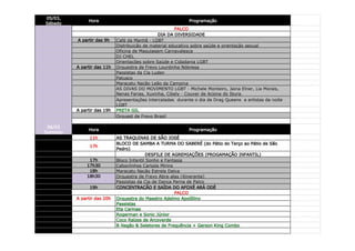 05/03,
               Hora                                          Programação
Sábado
                                                        PALCO
                                                DIA DA DIVERSIDADE
          A partir das 9h    Café da Manhã - LGBT
                             Distribuição de material educativo sobre saúde e orientação sexual
                             Oficina de Maquiagem Carnavalesca
                             DJ CHEL
                             Orientações sobre Saúde e Cidadania LGBT
          A partir das 11h   Orquestra de Frevo Lourdinha Nóbrega
                             Passistas da Cia Luden
                             Patusco
                             Maracatu Nação Leão da Campina
                             AS DIVAS DO MOVIMENTO LGBT - Michele Monteiro, Jaina Elner, Lia Morais,
                             Nenas Farias, Xuxinha, Cibely - Couver de Acione do Ibura.
                             Apresentações intercaladas durante o dia de Drag Queens e artistas da noite
                             LGBT
          A partir das 19h   PRETA GIL
                             Orquest de Frevo Brasil

 06/03
               Hora                                          Programação
Domingo
                11h          AS TRAQUINAS DE SÃO JOSÉ
                             BLOCO DE SAMBA A TURMA DO SABERÉ (do Pátio do Terço ao Pátio de São
                17h
                             Pedro)
                                           DESFILE DE AGREMIAÇÕES (PROGAMAÇÃO INFANTIL)
               17h           Bloco Infantil Sonho e Fantasia
              17h30          Caboclinhos Caripós Mirins
               18h           Maracatu Nação Estrela Dalva
              18h30          Orquestra de Frevo Abra-alas (itinerante)
                             Passistas da Cia de Dança Perna de Palco
                19h          CONCENTRAÇÃO E SAÍDA DO AFOXÉ ARÁ ODÉ
                                                        PALCO
          A partir das 20h   Orquestra do Maestro Adelmo Apolôlino
                             Passistas
                             Eta Carinae
                             Rogerman e Sonic Júnior
                             Coco Raízes de Arcoverde
                             B Negão & Seletores de Frequência + Gerson King Combo
 