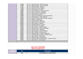 16:45   M.   B.   S.   Pavão Dourado (Chã de Alegria)
              17:00   M.   B.   S.   Gavião da Mata (Gloria do Goitá)
              17:15   M.   B.   S.   Leão Misterioso (Nazaré)
              17:30   M.   B.   S.   Estrela da Tarde (Nazaré)
              17:45   M.   B.   S.   Leão de Ouro (Carpina)
              18:00   M.   B.   S.   Burra Vencedora (Lagoa do Carro)
              18:15   M.   B.   S.   Leão da Campina (Paudalho)
              18:30   M.   B.   S.   Pavão Dourado (Feira Nova)
              18:45   M.   B.   S.   Leão Cultural (Nazaré)
              19:00   M.   B.   S.   Leão das Cordilheiras (Lagoa de Itaenga)
              19:15   M.   B.   S.   Leão Brasileiro (Casa Amarela)
              19:30   M.   B.   S.   Estrela da Tarde (São Lourenço da Mata)
              19:45   M.   B.   S.   Pingüim (Araçoiaba)
              20:00   M.   B.   S.   Piaba Dourada (Nazaré)
              20:15   M.   B.   S.   Águia de Ouro (Araçoiaba)
              20:30   M.   B.   S.   Leão da Selva (Nazaré)
              20:45   M.   B.   S.   Estrela Brilhante (Carpina)
              21:00   M.   B.   S.   Leão Faceiro (Araçoiaba)
              21:15   M.   B.   S.   Águia de Ouro (Casa Amarela)
              21:30   M.   B.   S.   Leão da Grota (Lagoa de Itaenga)
              21:45   M.   B.   S.   Águia de Ouro (Igarassu)
              22:00   M.   B.   S.   Leão Vencedor (Chã de Alegria)
              22:15   M.   B.   S.   Leão Coroado (Buenos Aires)
              22:30   M.   B.   S.   Cambinda Nova (Lagoa de Itaenga)
              22:45   M.   B.   S.   Leão Vencedor das Flores (Buenos Aires)
              23:00   M.   B.   S.   Leão Coroado (Araçoiaba)
              23:15   M.   B.   S.   Leão Formoso (Tracunhaém)
              23:30   M.   B.   S.   Estrela da Tarde de Barro Preto (Lagoa do Carro)
              23:45   M.   B.   S.   Leão de Ouro (Tracunhaém)




                                     PÓLO DAS TRADIÇÕES
                                     (Pátio de Santa Cruz )
  04/03
              Hora                                           Programação
sexta-feira
              16h                                   NEM SEMPRE LILY TOCA FLAUTA
 