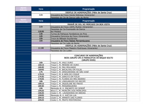 05/03
          Hora                                   Programação
Sábado
                                  DESFILE DE AGREMIAÇÕES (Pátio de Santa Cruz)
           11h    Orquestra de Frevo Vando Nóbrega (itinerante)
                  Passistas da Cia de Dança Leão do Norte
 06/03
          Hora                                   Programação
Domingo
                                    MANHÃ DE SOL NO MERCADO DA BOA VISTA
           11h    Orquestra de Frevo 100% Mulher (itinerante)
                  Passistas da Cia Expressão da Dança
          12h30   Boi Malabá
           13h    Turma de Palhaços Fantásticos do Pina
           14h    Orquestra Feminina de Frevo (itinerante)
           15h    Troça do Bêbado Equilibrista
           16h    Orquestra de Frevo Raízes Pernambucana
                  Passistas da Cia Leão do Norte
                                  DESFILE DE AGREMIAÇÕES (Pátio de Santa Cruz)
          11:00   Orquestra de Frevo Maestro Rodrigues (itinerante)
                  Passistas da Cia Luden

                                         CONCURSO DE AGREMIAÇÕES
                                BOIS (GRUPO UM) E MARACATUS DE BAQUE SOLTO
                                                (GRUPO DOIS)
           16h    Troça C. M. VALE OURO
          16h15   Troça C. M. MENINA DE OURO
          16h30   Troça C. M. PAU MOLHADO
          16h45   Troça C. M. BACALHAU EM FOLIA
           17h    Troça C. M. VERDUREIRAS DE SÃO JOSÉ
          17h15   Troça C. M. A JAPA DO COQUE
          17h30   Troça C. M. GAROTO EM FOLIA
          17h45   Troça C. M. FLORES DO MEU BAIRRO
           18h    Troça C. M. LINGUARUDO DO RECIFE
          18h15   Troça C. M. JAQUELINE NO FREVO
          18h30   Troça C. M. MISSANGUEIRA
           19h    Maracatu B. V. ENCANTO DO DENDÊ
          19h20   Bloco C. M. PRINCÍPE DOS PRÍNCIPES
          19h35   Clube C. M. LAVADEIRAS DE AREIAS
          19h50   Maracatu B. V. AXÉ DA LUA
          20h10   Clube C. M. AMANTE DAS FLORES
          20h25   Clube C. M. PRATO MISTERIOSO
 