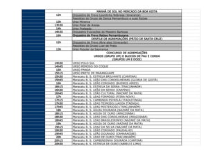 MANHÃ DE SOL NO MERCADO DA BOA VISTA
 12h    Orquestra de Frevo Lourdinha Nóbrega (itinerante)
        Passistas do Grupo de Dança Pernambuco e suas Raízes
 13h    Urso Minerva
13h30   Urso Polar de Areias
 14h    Urso Prateado
14h30   Orquestra Evocações do Maestro Barbosa
 16h    Orquestra de Frevo Raízes Pernambucana
                      DESFILE DE AGREMIAÇÕES (PÁTIO DE SANTA CRUZ)
 12h    Orquestra de Frevo Abre-alas (itinerante)
        Passistas do Grupo Luar de Prata
 13h    Urso Popular da Sapiranga
                                 CONCURSO DE AGREMIAÇÕES
                        URSOS (GRUPO UM) E BLOCOS DE PAU E CORDA
                                     (GRUPOS UM E DOIS)
14h30   URSO POLO SUL
14h45   URSO MIMOSO DO COQUE
 15h    URSO PANDA
15h15   URSO PRETO DE MARANGUAPE
15h30   Maracatu B. S. ESTRELA BRILHANTE (CARPINA)
15h45   Maracatu B. S. LEÃO DAS CORDEILHEIRAS (GLORIA DE GOITÁ)
 16h    Maracatu B. S. LEÃO COROADO (BUENOS AIRES)
16h15   Maracatu B. S. ESTRELA DA SERRA (TRACUNHAEM)
16h30   Maracatu B. S. LEÃO DA SERRA (CARPINA)
16h45   Maracatu B. S. LEÃO CULTURAL (NAZARÉ DA MATA)
 17h    Maracatu B. S. LEAO FORMOSO (FEIRA NOVA)
17h15   Maracatu B. S. CAMBINDA ESTRELA (ITAQUITINGA)
17h30   Maracatu B. S. LEAO TEIMOSO (LAGOA ITAENGA)
17h45   Maracatu B. S. LEAO MISTERIOSO (TRACUNHAÉM)
 18h    Maracatu B. S. ÁGUIA DOURADA (NAZARÉ DA MATA)
18h15   Maracatu B. S. AGUIA DE OURO (ARAÇOIABA)
18h30   Maracatu B. S. LEAO DAS CORDILHEIRAS (ARAÇOIABA)
18h45   Maracatu B. S. LEAO BRASILEIRINHO (NAZARÉ DA MATA)
 19h    Maracatu B. S. AGUIA DE OURO (NAZARÉ DA MATA)
19h15   Maracatu B. S. LEAO DA SELVA (NAZARÉ DA MATA)
19h30   Maracatu B. S. LEÃO COROADO (PAUDALHO)
19h45   Maracatu B. S. LEÃO DOURADO (CAMARAGIBE)
 20h    Maracatu B. S. LEAO DE OURO (TRACUNHAÉM)
20h15   Maracatu B. S. CAMBINDINHA DOURADA (CARPINA)
20h30   Maracatu B. S. ESTRELA DE OURO (ABREU E LIMA)
 