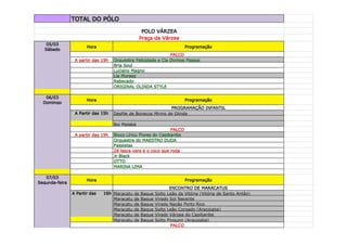 TOTAL DO PÓLO

                                                  POLO VÁRZEA
                                                 Praça da Várzea
    05/03
                       Hora                                              Programação
   Sábado
                                                               PALCO
                 A partir das 19h   Orquestra Felicidade e Cia Divinos Passos
                                    Bria Soul
                                    Luciano Magno
                                    Lia Moraes
                                    Rabecado
                                    ORIGINAL OLINDA STYLE

   06/03
                       Hora                                              Programação
  Domingo
                                                               PROGRAMAÇÃO INFANTIL
                 A Partir das 15h   Desfile de Bonecos Mirins de Olinda

                                    Boi Malabá
                                                                PALCO
                 A partir das 19h   Bloco Lírico Flores do Capibaribe
                                    Orquestra do MAESTRO DUDA
                                    Passistas
                                    Zé lasca vara e o coco que roda
                                    Jr Black
                                    OTTO
                                    MARINA LIMA

   07/03
                       Hora                                              Programação
Segunda-feira
                                                                  ENCONTRO DE MARACATUS
                A Partir das   16h Maracatu   de   Baque   Solto Leão da Vitória (Vitória de Santo Antâo)
                                   Maracatu   de   Baque   Virado Sol Nacente
                                   Maracatu   de   Baque   Virado Nação Porto Rico
                                   Maracatu   de   Baque   Solto Leão Coroado (Araçoiaba)
                                   Maracatu   de   Baque   Virado Várzea do Capibaribe
                                   Maracatu   de   Baque   Solto Pinguim (Araçoiaba)
                                                                   PALCO
 