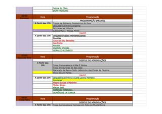 Selma do Côco
                                   DOM TRONCHO

   06/03
                     Hora                                          Programação
  Domingo
                                                              PROGRAMAÇÃO INFANTIL
                A Partir das 15h   Turma de Palhaços Fantasticos do Pina
                                   Orquestra de Frevo Imperial
                                   Brincadeiras Infantis
                                   Caboclinhos 7 Flexas Mirim
                                                              PALCO
                A partir das 19h   Orquestra Raízes Pernambucanas
                                   Passitas
                                   Coco de Seu Benedito
                                   Asa Fama
                                   Rhudia
                                   Quinteto Violado
                                   GERALDO AZEVEDO

   07/03
                     Hora                                          Programação
Segunda-feira
                                                            DESFILE DE AGREMIAÇÕES
                  A Partir das
                      16h          Troça Carnavalesca A Mãe É Minha
                                   Troça Verdureiras de São José
                                   Maracatu de Baque Solto Leãozinho das Flores de Carpina
                                   Afoxé Oxum Pandá
                                                             PALCO
                A partir das 19h   Orquestra de Frevo e Coral Levino Ferreira
                                   Passistas
                                   Magno Souza e Maninho
                                   Mister Sínico
                                   Maciel Salú
                                   ANTÔNIO NÓBREGA
                                   DEMÔNIOS DA GAROA

   08/03
                     Hora                                          Programação
 Terça-feira
                                                            DESFILE DE AGREMIAÇÕES
                A Partir das 15h   Troça Carnavalesca Teimoso em Folia da Mustardinha
 