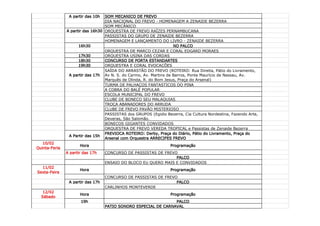 A partir das 10h  SOM MECANICO DE FREVO
                                  DIA NACIONAL DO FREVO - HOMENAGEM A ZENAIDE BEZERRA
                                  SOM MECÂNICO
               A partir das 16h30 ORQUESTRA DE FREVO RAÍZES PERNAMBUCANA
                                  PASSISTAS DO GRUPO DE ZENAIDE BEZERRA
                                  HOMENAGEM E LANÇAMENTO DO LIVRO - ZENAIDE BEZERRA
                     16h30                                         NO PALCO
                                  ORQUESTRA DE MARCO CEZAR E CORAL EDGARD MORAES
                     17h30        ORQUESTRA USINA DAS CORDAS
                     18h30        CONCURSO DE PORTA ESTANDARTES
                     19h30        ORQUESTRA E CORAL EVOCAÇÕES
                                  SAÍDA DO ARRASTÃO DO FREVO (ROTEIRO: Rua Direita, Pátio do Livramento,
                A partir das 17h Av N. S. do Carmo, Av. Martins de Barros, Ponte Maurício de Nassau, Av.
                                  Marquês de Olinda, R. do Bom Jesus, Praça do Arsenal)
                                  TURMA DE PALHAÇOS FANTASTICOS DO PINA
                                  A COBRA DO BALÉ POPULAR
                                  ESCOLA MUNICIPAL DO FREVO
                                  CLUBE DE BONECO SEU MALAQUIAS
                                  TROÇA ABANADORES DO ARRUDA
                                  CLUBE DE FREVO PAVÃO MISTERIOSO
                                  PASSISTAS dos GRUPOS (Egidio Bezerra, Cia Cultura Nordestina, Fazendo Arte,
                                  Deveras, São Salomão.
                                  BONECOS GIGANTES CONVIDADOS
                                  ORQUESTRA DE FREVO VEREDA TROPICAL e Passistas de Zenaide Bezerra
                                  FREVIOCA ROTEIRO: Derby, Praça do Diário, Pátio do Livramento, Praça do
                A Partir das 15h
                                  Arsenal com Orquestra ARRECIFES FREVO
   10/02
                      Hora                                        Programação
Quinta-Feria
               A partir das 17h    CONCURSO DE PASSISTAS DE FREVO
                                                                 PALCO
                                   ENSAIO DO BLOCO EU QUERO MAIS E CONVIDADOS
  11/02
                      Hora                                        Programação
Sexta-Feira
                                   CONCURSO DE PASSISTAS DE FREVO
                A partir das 17h                                 PALCO
                                   CARLINHOS MONTEVERDE
   12/02
                      Hora                                        Programação
  Sábado
                      19h                                        PALCO
                                   PATIO SONORO ESPECIAL DE CARNAVAL
 
