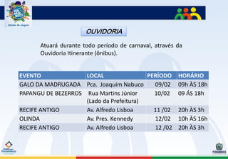 OUVIDORIA

      Atuará durante todo período de carnaval, através da
      Ouvidoria Itinerante (ônibus).


EVENTO              LOCAL                PERÍODO       HORÁRIO
GALO DA MADRUGADA Pca. Joaquim Nabuco      09/02       09h ÀS 18h
PAPANGU DE BEZERROS Rua Martins Júnior     10/02       09 ÁS 18h
                    (Lado da Prefeitura)
RECIFE ANTIGO       Av. Alfredo Lisboa     11 /02      20h ÀS 3h
OLINDA              Av. Pres. Kennedy      12/02       10h ÀS 16h
RECIFE ANTIGO       Av. Alfredo Lisboa     12 /02      20h ÀS 3h
 