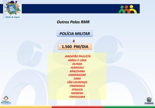 Outros Polos RMR

 POLÍCIA MILITAR

  1.560 PM/DIA

   JABOATÃO PAULISTA
      ABREU E LIMA
          OLINDA
        IGARASSU
       ARAÇOIABA
      CAMARAGIBE
           CABO
     SÃO LOURENÇO
       ITAMARACÁ
         IPOJUCA
         MORENO
       ITAPISSUMA
 