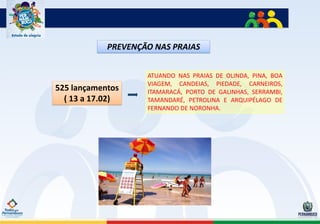 PREVENÇÃO NAS PRAIAS


                    ATUANDO NAS PRAIAS DE OLINDA, PINA, BOA
                    VIAGEM, CANDEIAS, PIEDADE, CARNEIROS,
525 lançamentos     ITAMARACÁ, PORTO DE GALINHAS, SERRAMBI,
  ( 13 a 17.02)     TAMANDARÉ, PETROLINA E ARQUIPÉLAGO DE
                    FERNANDO DE NORONHA.
 