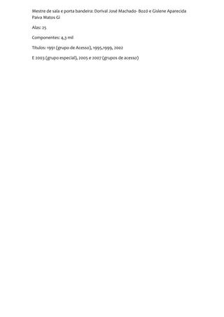 Mestre de sala e porta bandeira: Dorival José Machado- Bozó e Gislene Aparecida
Paiva Matos Gi

Alas: 25

Componentes: 4,3 mil

Títulos: 1991 (grupo de Acesso), 1995,1999, 2002

E 2003 (grupo especial), 2005 e 2007 (grupos de acesso)
 
