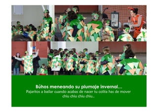 Búhos meneando su plumaje invernal…
Pajaritos a bailar cuando acabas de nacer tu colita has de mover
                       chiu chiu chiu chiu..
 