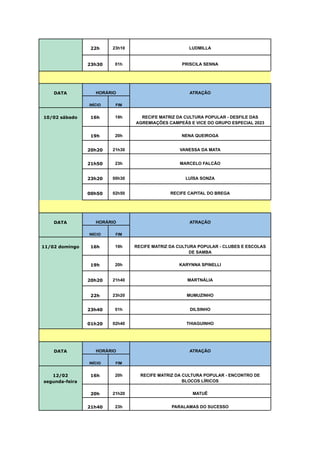 22h 23h10 LUDMILLA
23h30 01h PRISCILA SENNA
DATA HORÁRIO ATRAÇÃO
INÍCIO FIM
10/02 sábado 16h 19h RECIFE MATRIZ DA CULTURA POPULAR - DESFILE DAS
AGREMIAÇÕES CAMPEÃS E VICE DO GRUPO ESPECIAL 2023
19h 20h NENA QUEIROGA
20h20 21h30 VANESSA DA MATA
21h50 23h MARCELO FALCÃO
23h20 00h30 LUÍSA SONZA
00h50 02h50 RECIFE CAPITAL DO BREGA
DATA HORÁRIO ATRAÇÃO
INÍCIO FIM
11/02 domingo 16h 19h RECIFE MATRIZ DA CULTURA POPULAR - CLUBES E ESCOLAS
DE SAMBA
19h 20h KARYNNA SPINELLI
20h20 21h40 MARTNÁLIA
22h 23h20 MUMUZINHO
23h40 01h DILSINHO
01h20 02h40 THIAGUINHO
DATA HORÁRIO ATRAÇÃO
INÍCIO FIM
12/02
segunda-feira
16h 20h RECIFE MATRIZ DA CULTURA POPULAR - ENCONTRO DE
BLOCOS LÍRICOS
20h 21h20 MATUÊ
21h40 23h PARALAMAS DO SUCESSO
 