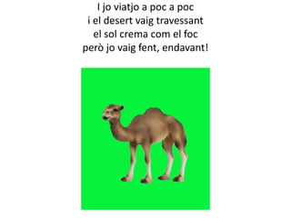 I jo viatjo a poc a poc
i el desert vaig travessant
el sol crema com el foc
però jo vaig fent, endavant!

 