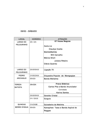 4




     09/02 - SÁBADO



   LOCAL         HORÁRIO                      ATRAÇÃO
  LARGO DO     20h / 22h                   07 Vozes Negras
 PELOURINHO
                             Carla Liz
                                  Claudya Costta
                             MatildeMatilde
                                       Will Carvalho
                             Márcia Short
                                           Juliana Ribeiro
                             Clécia Queiróz


  LARGO DO     22h30/00h30   Ligação 70
 PELOURINHO

   PEDRO       21h30/23h30   Orquestra Popular de Maragogipe
  ARCHANJO     00h/02h       Banda Mahatma


TEREZA         20h/22h                      Frevo Elétrico
BATISTA                           Carlos Pita e Bando Anunciador
                                               Convidada
                                             Karina Samba
               22h30/00h30   Geraldo Cristal
               01h / 02h30   Guiguio


   QUINCAS     21h/23h30     Quixabeira da Matinha
BERRO D'ÁGUA   00h/02h       Kamaphew Tawa e Banda Aspiral do
                             Reggae
 