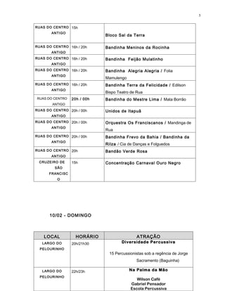 5


RUAS DO CENTRO 15h
       ANTIGO
                             Bloco Sal da Terra

RUAS DO CENTRO 16h / 20h     Bandinha Meninos da Rocinha
       ANTIGO
RUAS DO CENTRO 16h / 20h     Bandinha Feijão Mulatinho
       ANTIGO
RUAS DO CENTRO 16h / 20h     Bandinha Alegria Alegria / Folia
       ANTIGO
                             Mamulengo
RUAS DO CENTRO 16h / 20h     Bandinha Terra da Felicidade / Edilson
       ANTIGO
                             Bispo Teatro de Rua
RUAS DO CENTRO   20h / 00h   Bandinha do Mestre Lima / Mata Borrão
       ANTIGO
RUAS DO CENTRO 20h / 00h     Unidos de Itapuã
       ANTIGO
RUAS DO CENTRO 20h / 00h     Orquestra Os Franciscanos / Mandinga de
       ANTIGO
                             Rua
RUAS DO CENTRO 20h / 00h     Bandinha Frevo da Bahia / Bandinha da
       ANTIGO
                             Rilza / Cia de Danças e Folguedos
RUAS DO CENTRO 20h           Bandão Verde Rosa
       ANTIGO
 CRUZEIRO DE     15h         Concentração Carnaval Ouro Negro
         SÃO
      FRANCISC
          O




      10/02 - DOMINGO



    LOCAL          HORÁRIO                   ATRAÇÃO
   LARGO DO      20h/21h30           Diversidade Percussiva
  PELOURINHO
                               15 Percussionistas sob a regência de Jorge
                                             Sacramento (Baguinha)

   LARGO DO      22h/23h                 Na Palma da Mão
  PELOURINHO
                                             Wilson Café
                                          Gabriel Pensador
                                          Escola Percussiva
 