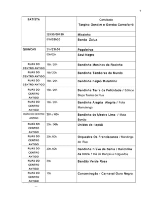 9


  BATISTA                                    Convidado
                              Targino Gondim e Gereba Carnaforró


                22h30/00h30   Missinho
                01h/02h30     Banda Zuluz


QUINCAS         21h/23h30     Pagoleiros
                00h/02h       Soul Negro


   RUAS DO      16h / 20h     Bandinha Meninos da Rocinha
CENTRO ANTIGO
   RUAS DO      16h/ 20h      Bandinha Tambores do Mundo
CENTRO ANTIGO
   RUAS DO      16h / 20h     Bandinha Feijão Mulatinho
CENTRO ANTIGO

   RUAS DO      16h / 20h     Bandinha Terra da Felicidade / Edilson
   CENTRO
                              Bispo Teatro de Rua
   ANTIGO
   RUAS DO      16h / 20h     Bandinha Alegria Alegria / Folia
   CENTRO
                              Mamulengo
   ANTIGO
RUAS DO CENTRO 20h / 00h      Bandinha do Mestre Lima / Mata
    ANTIGO
                              Borrão
   RUAS DO      20h / 00h     Unidos de Itapuã
   CENTRO
   ANTIGO
   RUAS DO      20h /00h      Orquestra Os Franciscanos / Mandinga
   CENTRO
                              de Rua
   ANTIGO
   RUAS DO      20h /00h      Bandinha Frevo da Bahia / Bandinha
   CENTRO
                              da Rilza / Cia de Danças e Folguedos
   ANTIGO
   RUAS DO      20h           Bandão Verde Rosa
   CENTRO
   ANTIGO
   RUAS DO      15h           Concentração - Carnaval Ouro Negro
   CENTRO
   ANTIGO
 