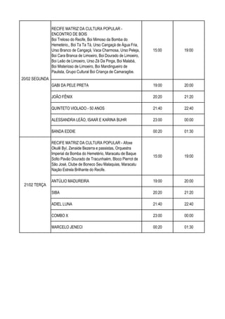 RECIFE MATRIZ DA CULTURA POPULAR -
ENCONTRO DE BOIS
Boi Treloso do Recife, Boi Mimoso da Bomba do
Hemetério,, Boi Ta Ta Tá, Urso Cangaçá de Água Fria,
Urso Branco de Cangaçá, Vaca Charmosa, Urso Peleja,
Boi Cara Branca de Limoeiro, Boi Dourado de Limoeiro,
Boi Leão de Limoeiro, Urso Zé Da Pinga, Boi Malabá,
Boi Misterioso de Limoeiro, Boi Mandingueiro de
Paulista, Grupo Cultural Boi Criança de Camaragibe.
15:00 19:00
GABI DA PELE PRETA 19:00 20:00
JOÃO FÊNIX 20:20 21:20
QUINTETO VIOLADO - 50 ANOS 21:40 22:40
ALESSANDRA LEÃO, ISAAR E KARINA BUHR 23:00 00:00
BANDA EDDIE 00:20 01:30
RECIFE MATRIZ DA CULTURA POPULAR - Afoxe
Okulê Byí, Zenaide Bezerra e passistas, Orquestra
Imperial da Bomba do Hemetério, Maracatu de Baque
Solto Pavão Dourado de Tracunhaém, Bloco Pierrot de
São José, Clube de Boneco Seu Malaquias, Maracatu
Nação Estrela Brilhante do Recife.
15:00 19:00
ANTÚLIO MADUREIRA 19:00 20:00
SIBA 20:20 21:20
ADIEL LUNA 21:40 22:40
COMBO X 23:00 00:00
MARCELO JENECI 00:20 01:30
21/02 TERÇA
20/02 SEGUNDA
 