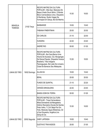 RECIFE MATRIZ DA CULTURA
POPULAR - Obá Aiye, Maracatu De
Baque Virado Oxum Mirim, O Bonde
Bloco Carnavalesco Lirico, Orquestra
A Recifense, Studio Viegas De
Formação Em Dança, Boi De Mainha.
15:30 18:00
BARBARIZE 19:00 19:40
FABIANA PIMENTINHA 20:00 20:50
ED CARLOS 21:10 22:00
HUNGRIA 22:20 23:40
ANDRÉ RIO 00:00 01:00
RECIFE MATRIZ DA CULTURA
POPULAR - Boi Cara Banca Uma
Hisoria De Sucesso, Cia. Mungangas
De Dança Popular, Orquestra Veneza
Brasileira, Tribo Indígena
Paranaguases, Boi Leão De Limoeiro,
Clube De Bonecos Seu Malaquias.
15:30 18:00
ALLAN KA 19:00 19:40
BENIL 20:00 20:50
FUNDO DE QUINTAL 21:10 22:20
VERSÃO BRASILEIRA 22:40 23:40
BANDA SOM DA TERRA 00:00 01:00
RECIFE MATRIZ DA CULTURA
POPULAR - Troça Carnavalesca
Mista Domadores da Mangabeira,
Grêmio Recreativo Escola De Samba
Preto Velho, T.C.M. Beija Flor Em
Folia, Maracatu Águia Misteriosa, Gil
e Sua Orquestra, Angélica Lins
Dança & Cia.
15:30 18:00
GABY LAPENDA 19:00 19:40
GUSTAVO TRAVASSOS 20:00 21:00
21/02 Terça
BRASÍLIA
TEIMOSA
19/02 Domingo
LINHA DO TIRO
20/02 Segunda
LINHA DO TIRO
 
