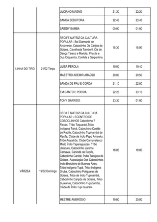 LUCIANO MAGNO 21:20 22:20
BANDA SEDUTORA 22:40 23:40
SAIDDY BAMBA 00:00 01:00
RECIFE MATRIZ DA CULTURA
POPULAR - Boi Diamante de
Arcoverde, Caboclinho Os Carijós de
Goiana, Cavalhada Tamboril, Cia de
Dança Tareco e Mariola, Priscila e
Sua Orquestra, Confete e Serpentina.
15:30 18:00
LUÍSA PÉROLA 19:00 19:40
MAESTRO ADEMIR ARAÚJO 20:00 20:50
BANDA DE PAU E CORDA 21:10 22:00
EM CANTO E POESIA 22:20 23:10
TONY GARRIDO 23:30 01:00
RECIFE MATRIZ DA CULTURA
POPULAR - ECONTRO DE
COBOCLINHOS Caboclinho 7
Flexas, Tribo Taquaraci,Tribo
Indígena Tainá, Caboclinho Caetés
de Recife, Caboclinho Tupinambá de
Recife, Clube de Índio Papo Amarelo,
Tribo Arapahós, Clube Carnavalesco
Misto Índio Taperaguazes, Tribo
Uirapuru, Caboclinho Jurema
Carnaval, Canindé do Recife,
Caboclinho Canidé, Índio Tabajara de
Goiana, Associação Dos Caboclinhos
Índio Brasileiro de Buenos Aires,
Tribo Indígena Tupã, Tribo Indígena
Oruba, Caboclinho Potiguares de
Goiana, Tribo de Índio Tupinambá,
Caboclinho Caripós de Goiana, Tribo
Guaianas, Caboclinho Tupynambá,
Clube de Índio Tupi Guarani.
16:00 18:00
MESTRE AMBRÓSIO 19:00 20:00
21/02 Terça
LINHA DO TIRO
19/02 Domingo
VÁRZEA
 