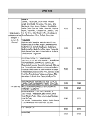 UBUNTU
Ara Odé , Ylê De Egbá , Oxum Pandá, Filhos De
Xangô, Omim Sabá, Ylê Xambá, Oya Alaxé, Omo
Nile Ogunjá, Oxum Jagurá, Elegbará, Omo Obá Dê,
Ara Ow Funfun Povo Dos Ventos, Alafin Oyó, Povo de
Ogunté, Ogbon Obá, Yami Balé Gilê, Obá Iroko, Omo
Inã, Ara Omim, Baba Orixalá Funfun, Afefe Lagbará,
Omolu Pakeru Awo, Filhos De Ayrá, Omo Lufan.
16:00 18:00
TUMARACA
Nação Encanto Da Alegria, Nação Encanto Do Pina,
Nação Raízes De Pai Adão, Nação Cambinda Estrela,
Nação Almirante Do Forte, Nação Leão Da Campina,
Nação Linda Flor, Nação Porto Rico, Nação Tupinambá,
Nação Estrela Dalva, Nação Estrela Brilhante Do Recife,
Aurora Africana, Xango Alafin.
18:00 22:00
RECIFE MATRIZ DA CULTURA POPULAR -
APRESENTAÇÃO DAS AGREMIAÇÕES CAMPEÃS DO
GRUPO ESPECIAL: BCM Amante das Flores, Boi
Maracatu de Arcoverde, Caboclinho Kapinawá, CCM das
Pás, Clube de Boneco O Menino do Pátio de São Pedro,
Escola de Samba Galeria do Ritmo, Maracatu de Baque
Solto Estrela Dourada de Buenos Aires, Maracatu Nação
Porto Rico, Tribo de Índios Tabajaras de Goiana, TCM
Abanadores do Arruda, Urso Cangaçá de Água Fria
16:00 19:00
HOMENAGEADOS DO CARNAVAL 2023: GERALDO
AZEVEDO, ZENAIDE BEZERRA E DONA MARIVALDA.
19:00 19:20
MAESTRO FORRÓ E ORQUESTRA POPULAR DA
BOMBA DO HEMETÉRIO
19:20 20:20
GERALDO AZEVEDO RECEBE CONVIDADOS:
Alceu Valença, Fafá de Bélem, Elba Ramalho, Chico
César, Mariana Aydar, Juliana Linhares, Lula Queiroga,
Jorge Du Peixe
Jota Michilles, Quinteto Violado, Almério, Silvério Pessoa
e Cesar Michilles e Transversal Frevo Orquestra.
20:40 22:00
CAETANO VELOSO
22:20 23:40
DUDA BEAT
00:00 01:30
16/02 (QUINTA)
Celebração de fé e
festa para a
abertura do
Carnaval.
MARCO ZERO
17/02 (SEXTA)
 