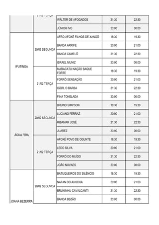 WÁLTER DE AFOGADOS 21:30 22:30
JÚNIOR IVO 23:00 00:00
AFRO-AFOXÉ FILHOS DE XANGÔ 18:30 19:30
BANDA ARRIFE 20:00 21:00
BANDA CAMELÔ 21:30 22:30
ISRAEL MUNIZ 23:00 00:00
MARACATU NAÇÃO BAQUE
FORTE
18:30 19:30
FORRÓ SENSAÇÃO 20:00 21:00
IGOR, O BARBA 21:30 22:30
FINA TONELADA 23:00 00:00
BRUNO SIMPSON 18:30 19:30
LUCIANO FERRAZ 20:00 21:00
RIBAMAR JOSÉ 21:30 22:30
JUAREZ 23:00 00:00
AFOXÉ POVO DE OGUNTE 18:30 19:30
LEDO SILVA 20:00 21:00
FORRÓ DO MUÍDO 21:30 22:30
JOÃO NOVAES 23:00 00:00
BATUQUEIROS DO SILÊNCIO 18:30 19:30
NATAN DO ARROXA 20:00 21:00
BRUNINHU CAVALCANTI 21:30 22:30
BANDA BBZÃO 23:00 00:00
20/02 SEGUNDA
21/02 TERÇA
ÁGUA FRIA
21/02 TERÇA
20/02 SEGUNDA
21/02 TERÇA
20/02 SEGUNDA
JOANA BEZERRA
/COQUE
IPUTINGA
 