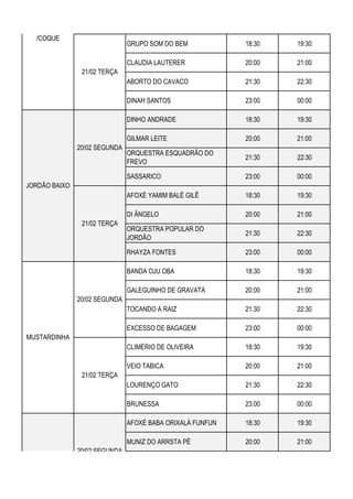 GRUPO SOM DO BEM 18:30 19:30
CLAUDIA LAUTERER 20:00 21:00
ABORTO DO CAVACO 21:30 22:30
DINAH SANTOS 23:00 00:00
DINHO ANDRADE 18:30 19:30
GILMAR LEITE 20:00 21:00
ORQUESTRA ESQUADRÃO DO
FREVO
21:30 22:30
SASSARICO 23:00 00:00
AFOXÉ YAMIM BALÉ GILÊ 18:30 19:30
DI ÂNGELO 20:00 21:00
ORQUESTRA POPULAR DO
JORDÃO
21:30 22:30
RHAYZA FONTES 23:00 00:00
BANDA OJU OBA 18:30 19:30
GALEGUINHO DE GRAVATÁ 20:00 21:00
TOCANDO A RAIZ 21:30 22:30
EXCESSO DE BAGAGEM 23:00 00:00
CLIMÉRIO DE OLIVEIRA 18:30 19:30
VEIO TABICA 20:00 21:00
LOURENÇO GATO 21:30 22:30
BRUNESSA 23:00 00:00
AFOXÉ BABA ORIXALÁ FUNFUN 18:30 19:30
MUNIZ DO ARRSTA PÉ 20:00 21:00
21/02 TERÇA
JOANA BEZERRA
/COQUE
20/02 SEGUNDA
MUSTARDINHA
20/02 SEGUNDA
21/02 TERÇA
JORDÃO BAIXO
20/02 SEGUNDA
NOVA
DESCOBERTA
21/02 TERÇA
 