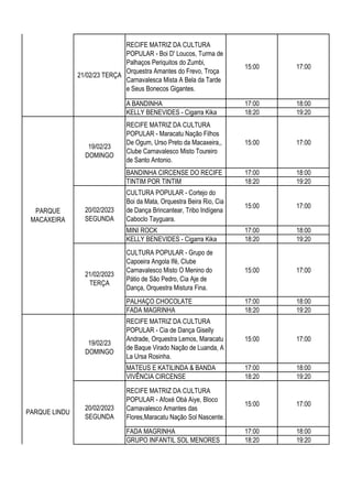 RECIFE MATRIZ DA CULTURA
POPULAR - Boi D' Loucos, Turma de
Palhaços Periquitos do Zumbi,
Orquestra Amantes do Frevo, Troça
Carnavalesca Mista A Bela da Tarde
e Seus Bonecos Gigantes.
15:00 17:00
A BANDINHA 17:00 18:00
KELLY BENEVIDES - Cigarra Kika 18:20 19:20
RECIFE MATRIZ DA CULTURA
POPULAR - Maracatu Nação Filhos
De Ogum, Urso Preto da Macaxeira,,
Clube Carnavalesco Misto Toureiro
de Santo Antonio.
15:00 17:00
BANDINHA CIRCENSE DO RECIFE 17:00 18:00
TINTIM POR TINTIM 18:20 19:20
CULTURA POPULAR - Cortejo do
Boi da Mata, Orquestra Beira Rio, Cia
de Dança Brincantear, Tribo Indígena
Caboclo Tayguara.
15:00 17:00
MINI ROCK 17:00 18:00
KELLY BENEVIDES - Cigarra Kika 18:20 19:20
CULTURA POPULAR - Grupo de
Capoeira Angola Ifé, Clube
Carnavalesco Misto O Menino do
Pátio de São Pedro, Cia Aje de
Dança, Orquestra Mistura Fina.
15:00 17:00
PALHAÇO CHOCOLATE 17:00 18:00
FADA MAGRINHA 18:20 19:20
RECIFE MATRIZ DA CULTURA
POPULAR - Cia de Dança Giselly
Andrade, Orquestra Lemos, Maracatu
de Baque Virado Nação de Luanda, A
La Ursa Rosinha.
15:00 17:00
MATEUS E KATILINDA & BANDA 17:00 18:00
VIVÊNCIA CIRCENSE 18:20 19:20
RECIFE MATRIZ DA CULTURA
POPULAR - Afoxé Obá Aiye, Bloco
Carnavalesco Amantes das
Flores,Maracatu Nação Sol Nascente.
15:00 17:00
FADA MAGRINHA 17:00 18:00
GRUPO INFANTIL SOL MENORES 18:20 19:20
PARQUE
MACAXEIRA
19/02/23
DOMINGO
20/02/2023
SEGUNDA
21/02/2023
TERÇA
PARQUE LINDU
19/02/23
DOMINGO
20/02/2023
SEGUNDA
PARQUE
SANTANA
21/02/23 TERÇA
 