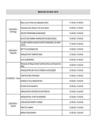Bloco Lírico Flores do Capibaribe 2023 11:30:00 | 12:00:00
Orquestra Som Brasil e Trio Som Brasil 12:00:00 | 13:00:00
GRUPO PERNAMBUCANEANDO 13:00:00 | 14:00:00
BLOCO DE SAMBA ANARQUISTAS BOLE BOLE 14:00:00 | 15:00:00
CLUBE CARNAVALESCO MISTO GIRASSOL DA BOA
VISTA
11:30:00 | 12:00:00
BETTO DO BANDOLIM 12:00:00 | 13:00:00
ORQUESTRA TEMPESTADE 13:30:00 | 15:00:00
AVA GUIMARÃES 15:00:00 | 16:00:00
Maracatu de Baque Solto Cambinda Nova de Nazaré da
Mata
12:00:00 | 12:30:00
ORQUESTRA DE PAU E CORDA EVOCAÇÕES 12:30:00 | 13:30:00
CORTEJO BOI PINTADO 13:30:00 | 14:00:00
DANDA E SUA ORQUESTRA 14:00:00 | 15:00:00
AFOXÉ OYÁ EGUNITÁ 15:00:00 | 15:30:00
ORQUESTRA INTERATIVA DE FREVO 15:30:00 | 16:30:00
ORQUESTRA 19 DE FEVEREIRO 12:30:00 | 13:30:00
CARLINHOS MONTE VERDE 13:30:00 | 14:00:00
PRETTO JAMAH 14:00:00 | 14:30:00
MARIA PAGODINHO 14:30:00 | 15:00:00
MERCADO DA BOA VISTA
19/02/2023 -
Domingo
20/02/2023 -
Segunda
21/02/2023 - Terça
22/02/2023 -
Quarta
 