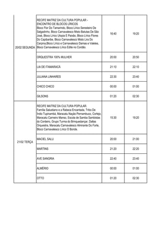 RECIFE MATRIZ DA CULTURA POPULAR -
ENCONTRO DE BLOCOS LÍRICOS
Bloco Flor Do Tamarindo, Bloco Lírico Seresteiro De
Salgadinho, Bloco Carnavalesco Misto Batutas De São
José, Bloco Lírico Utopia E Paixão, Bloco Lírico Flores
Do Capibaribe, Bloco Carnavalesco Misto Lira Do
Carpina,Bloco Lírico e Carnavalesco Damas e Valetes,
Bloco Carnavalesco Lírico Edite no Cordão.
16:40 19:20
ORQUESTRA 100% MULHER 20:00 20:50
LIA DE ITAMARACÁ 21:10 22:10
JULIANA LINHARES 22:30 23:40
CHICO CHICO 00:00 01:00
GILSONS 01:20 02:30
RECIFE MATRIZ DA CULTURA POPULAR.
Família Salustiano e a Rabeca Encantada, Tribo De
Índio Tupinambá, Maracatu Nação Pernambuco, Cortejo,
Maracatu Carneiro Manso, Escola de Samba Sambistas
do Cordeiro, Grupo Turma do Brinquedançar, Dallas
Orquestra, Maracatu Carnavalesco Almirante Do Forte,
Bloco Carnavalesco Lírico O Bonde.
15:30 19:20
MACIEL SALU 20:00 21:00
MARTINS 21:20 22:20
AVE SANGRIA 22:40 23:40
ALMÉRIO 00:00 01:00
OTTO 01:20 02:30
20/02 SEGUNDA
21/02 TERÇA
 