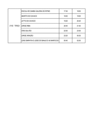 ESCOLA DE SAMBA GALERIA DO RITMO 17:30 18:00
ABORTO DO CAVACO 18:00 19:00
LETTO DO CAVACO 19:20 20:20
JORGE RIBA 20:40 21:40
CRIS GALVÃO 22:00 23:00
JORGE ARAGÃO 23:20 00:30
LENO SIMPATIA E LEIDE DO BANJO E AS MARI'S DO SAMBA00:40 02:00
21/02 TERÇA
 