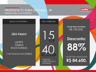 PROPOSTATV FORA DE CASA – SP
PERÍODO: 08 A 22 DE FEVEREIRO
SÃO PAULO
METRÔ
ÔNIBUS
RODOVIÁRIAS
+150 SANCAS EM ÔNIBUS
Desconto:
88%
VALOR TOTAL DE TABELA:
R$ 705.000,
VALOR TOTAL NEGOCIADO:
R$ 84.600,
PRAÇA / PLATAFORMA
40
15DIAS
INSERÇÕES POR DIA
DIAS / INSERÇÕES
FORMATO:
INSERÇÕES DE 15
SEGUNDOS
 