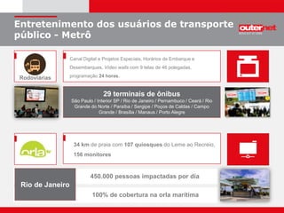 Entretenimento dos usuários de transporte
público - Metrô
Canal Digital e Projetos Especiais, Horários de Embarque e
Desembarques, Vídeo walls com 9 telas de 46 polegadas,
programação 24 horas.Rodoviárias
34 km de praia com 107 quiosques do Leme ao Recreio,
156 monitores
29 terminais de ônibus
São Paulo / Interior SP / Rio de Janeiro / Pernambuco / Ceará / Rio
Grande do Norte / Paraíba / Sergipe / Poços de Caldas / Campo
Grande / Brasília / Manaus / Porto Alegre
450.000 pessoas impactadas por dia
Rio de Janeiro
100% de cobertura na orla marítima
 