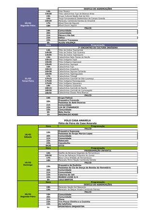 DESFILE DE AGREMIAÇÕES
                 14h    Urso Texaco
                14h30   Tribo caboclinhos Tupi de Boenos Aires
                 15h    Grupo Cultural Nação Axé de Kilú
                 16h    Troça Carnavalesca Destemidos de Campo Grande
                16h30   Maracatu Cambinda Estrela do Amanhã
   20/02         17h    Afoxé Povo de Ogunté
Segunda-Feira    18h    Afoxé Oxum Jagurá
                                                    PALCO
                19h     Comunidade
                20h     Comunidade
                21h     Pácua e Via Sat
                22h     Edilza
                23h     Gustavo Travassos
                 0h     ALCEU VALENÇA
                Hora                                      Programação
                                              7º ENCONTRO DE CULTURA INDÍGENA
                 14h    Tribo de Índios Tupinambá
                14h30   Tribo de Índios Tupi Guarany
                13h45   Tribo de Índios Tupiniquins
                 15h    Caboclinhos Sete Flexas do Recife
                15h15   Tribo Indígena Tupã
                15h30   Tribo Indígena Kapinawá
                15h45   Caboclinhos Tapirapé
                 16h    Caboclinhos Tupi
                16h15   Caboclinhos Arapahós
                16h30   Caboclinhos Tapuias Camarás
                16h45   Caboclinhos Taperaguases
                 17h    Caboclinhos Tribogê
   21/02        17h15   Caboclinhos Canindé de São Lourenço
 Terça-Feira    17h30   Tribo Indígena Paranaguases
                17h45   Tribo Indígena Taquaracy
                 18h    Tribo Indígena Guaianás
                18h15   Caboclinhos Canindé do Recife
                18h30   Caboclinhos Canindé de Camaragibe
                18h45   Caboclinhos Oxossi Pena Branca
                                                    PALCO
                19h     Grupo Fethxá
                        Orquestra Frevendo
                20h
                        Passistas do Balé Deveras
                21h     Comunidade
                22h     LIA DE ITAMARACÁ
                23h     Comunidade
                 0h     Beto Hortiz
                 1h     REGINALDO ROSSI


                             POLO CASA AMARELA
                        Pátio da Feira de Casa Amarela
                Hora                                 Programação
                                                PALCO
                        Orquestra Superpop
                19h
                        Passistas do Grupo Mariza Lopes
   18/02
                 20h    Comunidade
   Sábado
                 21h    Comunidade
                 22h    Rabecado
                 23h    Cascabulho
                0h30    OTTO
                Hora                                      Programação
                                                    PROGRAMAÇÃO INFANTIL
                 16h    Desfile de Bonecos Gigantes de Pernambuco
                16h30   Turma de Palhaços Piriquitos do Zumbi
                 17h    Bloco Lírico Artesão de Pernambuco
                 18h    Maracatu Mirim Nação Cambinda Estrela
   19/02                                            PALCO
  Domingo               Orquestra de Dudinha
                19h
                        Passistas da Cia de Dança da Bomba do Hemetério
                20h     Comunidade
                21h     Comunidade
                22h     Catarina de Jah
                23h     MUNDO LIVRE S/A
                 0h     LULU SANTOS
                Hora                                      Programação
                                                    DESFILE DE AGREMIAÇÕES
                18h     Maracatu Nação Sol Nascente
                19h     Maracatu de Baque Virado Cambinda Estrela
                                                    PALCO
   20/02        19h     Comunidade
Segunda-Feira   20h     Comunidade
                21h     Ylana
                22h     Trio Pouca Chinfra e a Cozinha
                23h     Zé Cafofinho
                        SPOKFREVO ORQUESTRA
                 0h
 