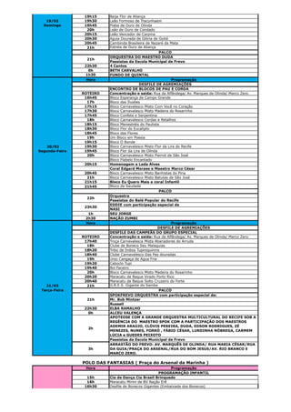19h15    Beija Flor de Aliança
   19/02         19h30    Leão Formoso de Tracunhaem
  Domingo        19h45    Piaba de Ouro de Olinda
                  20h     Leão de Ouro de Condado
                 20h15    Leão Vencedor de Carpina
                 20h30    Aguia Dourada de Glória de Goitá
                 20h45    Cambinda Brasileira de Nazaré da Mata
                  21h     Estrela de Ouro de Aliança
                                                       PALCO
                          ORQUESTRA DO MAESTRO DUDA
                  21h
                          Passistas da Escola Municipal de Frevo
                 22h30    4 Cantos
                   0h     BETH CARVALHO
                 1h30     FUNDO DE QUINTAL
                  Hora                                       Programação
                                            DESFILE DE AGREMIAÇÕES
                          ENCONTRO DE BLOCOS DE PAU E CORDA
                ROTEIRO   Concentração e saída: Rua da Alfândega/ Av. Marques de Olinda/ Marco Zero.
                 16h45    Bloco Esperança de Campo Grande
                  17h     Bloco das Ilusões
                 17h15    Bloco Carnavalesco Misto Com Você no Coração
                 17h30    Bloco Carnavalesco Misto Madeira do Rosarinho
                 17h45    Bloco Confete e Serpentina
                  18h     Bloco Carnavalesco Cordas e Retalhos
                 18h15    Bloco Menestréis do Paulista
                 18h30    Bloco Flor do Eucalipto
                 18h45    Bloco das Flores
                  19h     Um Bloco em Poesia
                 19h15    Bloco O Bonde
    20/02        19h30    Bloco Carnavalesco Misto Flor da Lira do Recife
Segunda-Feira    19h45    Bloco Flor da Lira de Olinda
                  20h     Bloco Carnavalesco Misto Pierrot de São José
                          Bloco Flabelo Encantado
                 20h15    Homenagem a Leda Alves
                          Coral Edgard Moraes e Maestro Marco César
                 20h45    Bloco Carnavalesco Misto Banhistas do Pina
                  21h     Bloco Carnavalesco Misto Batutas de São José
                 21h15    Bloco Eu Quero Mais e coral Infantil
                 21h45    Bloco da Saudade
                                                       PALCO
                          Orquestra
                  22h
                          Passistas do Balé Popular do Recife
                          EDDIE com participação especial de
                 23h30
                          NASI
                  1h      SEU JORGE
                 2h30     NAÇÃO ZUMBI
                 Hora                                        Programação
                                                      DESFILE DE AGREMIAÇÕES
                          DESFILE DAS CAMPEÃS DO GRUPO ESPECIAL
                ROTEIRO   Concentração e saída: Rua da Alfândega/ Av. Marques de Olinda/ Marco Zero.
                 17h40    Troça Carnavalesca Mista Abanadores do Arruda
                  18h     Clube de Boneco Seu Malaquias
                 18h20    Tribo de Índios Tupiniquinins
                 18h40    Clube Carnavalesco Das Pas douradas
                  19h     Urso Cangaça de Agua Fria
                 19h20    Caboclo Tupi
                 19h40    Boi Faceiro
                  20h     Bloco Carnavalesco Misto Madeira do Rosarinho
                 20h20    Maracatu de Baque Virado Porto Rico
                 20h40    Maracatu de Baque Solto Cruzeiro do Forte
   21/03          21h     G.R.E.S. Gigante do Samba
 Terça-Feira                                           PALCO
                          SPOKFREVO ORQUESTRA com participação especial de:
                  21h     Mr. Bob Mintzer
                          Russell
                 22h30    ELBA RAMALHO
                  0h      ALCEU VALENÇA
                          APOTEOSE COM A GRANDE ORQUESTRA MULTICULTURAL DO RECIFE SOB A
                          REGÊNCIA DO MAESTRO SPOK COM A PARTICIPAÇÃO DOS MAESTROS
                          ADEMIR ARAÚJO, CLÓVIS PEREIRA, DUDA, EDSON RODRIGUES, ZÉ
                  2h
                          MENEZES, NUNES, FORRÓ , FÁBIO CÉSAR, LURDINHA NÓBREGA, CARMEM
                          LÚCIA e GUEDES PEIXOTO
                          Passistas da Escola Municipal de Frevo
                          ARRASTÃO DO FREVO: AV. MARQUÊS DE OLINDA/ RUA MARIA CÉSAR/RUA
                  3h      DA GUIA/PRAÇA DO ARSENAL/RUA DO BOM JESUS/AV. RIO BRANCO E
                          MARCO ZERO.

                POLO DAS FANTASIAS ( Praça do Arsenal da Marinha )
                 Hora                                      Programação
                                                     PROGRAMAÇÃO INFANTIL
                  15h     Cia de Dança Cia Brasil Brinquedo
                  16h     Maracatu Mirim de BV Nação Erê
                 16h30    Desfile de Bonecos Gigantes (Embaixada dos Bonecos)
 