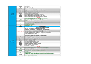 17h40      Boi Estrela
               18h       Urso Branco do Zé
              18h20      G.R.E.S. Deixa Falar
              18h40      Troça Carnavalesca Mista Abanadores do Arruda
               19h       Clube Carnavalesco Bola de Ouro
              19h20      Clube de Boneco Tadeu no Frevo
              19h40      Caboclinhos Canindé do Recife
13/02
               20h       Maracatu de Baque Virado Estrela Brilhante
Sábado
              20h20      Bloco Carnavalesco Misto Batutas de São José
              20h40      Maracatu de Baque Solto Leão Vencedor de Carpina
                                                   PALCO
                         ORQUESTRA POPULAR DO RECIFE e Convidados
               21h
                         Passistas da Escola de Frevo do Recife
              22h30      OTTO e Convidados
                         LENINE com participação especial de:
                0h       ARNALDO ANTUNES
                         CARLINHOS BROWN
                2h       JORGE BEN JOR
               Hora                                       Programação
                                                  DESFILE DE AGREMIAÇÕES
                         PELEJA DA "COBRA" CONTRA O "DRAGÃO"
                         ANTÚLIO MADUREIRA E ORQUESTRA PERRÉ BUMBÁ
          A partir das 17h CIA FORROBODÓ DE DANÇA (A COBRA)
                           TROÇA CARNAVALESCA "EU ACHO É POUCO" (O   DRAGÃO)
                         O BOI DA MACUCA (O   BOI)

                         ENCONTRO DE MARACATUS DE BAQUE SOLTO
               19h       Cruzeiro do Forte
              19h15      Estrela Brilhante de Nazaré da Mata
              19h30      Leão Vencedor de Carpina
              19h45      Piaba de Ouro de Olinda
 14/02         20h       Estrela Dourada de Buenos Aires
Domingo       20h15      Cambinda Estrela de Paudalho
              20h30      Leão da Floresta de Lagoa de Itaenga
              20h45      Pavão Dourado de Tracunhaém
               21h       Leãozinho de Aliança
                                                     PALCO
                         ORQUESTRA POPULAR DA BOMBA DO HEMETÉRIO
               21h
                         Passistas do Balé Popular do Recife
                         CASCABULHO com participação especial de:
              22h30
                         TOM ZÉ
                0h       ZÉ RAMALHO
                         CORDEL DO FOGO ENCANTADO com participação especial de:
               1h30
                         Coco Raízes de Arcoverde
 