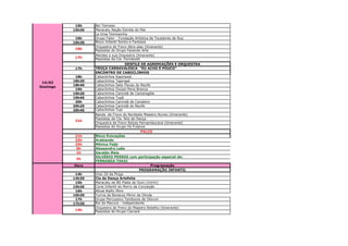 15h    Boi Teimoso
          15h30   Maracatu Nação Estrela do Mar
                  La Ursa Teimosinha
           16h    Grupo Fator - Fundação Artística de Tocadores de Rua
          16h30   Bloco Infantil Sonho e Fantasia
                  Orquestra de Frevo Abre-alas (itinerante)
          16h
                  Passistas do Grupo Fazendo Arte
                  Mendes e sua Orquestra (itinerante)
          17h
                  Passistas da Cia. Forrobodó
                                    DESFILE DE AGREMIAÇÕES E ORQUESTRA
          17h     TROÇA CARNAVALESCA "EU ACHO É POUCO"
                  ENCONTRO DE CABOCLINHOS
           18h    Caboclinhos Kapinawá
          18h20   Caboclinhos Tapirapé
 14/02
          18h40   Caboclinhos Sete Flexas do Recife
Domingo
           19h    Caboclinhos Oxossi Pena Branca
          19h20   Caboclinhos Canindé de Camaragibe
          19h40   Caboclinhos Tupã
           20h    Caboclinhos Canindé de Cavaleiro
          20h20   Caboclinhos Canindé do Recife
          20h40   Caboclinhos Tupi
                  Banda de Frevo do Nordeste Maestro Nunes (itinerante)
                  Passistas da Cia. Nós da Dança
          21h
                  Orquestra de Frevo Raízes Pernambucana (itinerante)
                  Passistas do Grupo Os Fulanos
                                              PALCO
          21h     Bloco Evocações
          22h     Arabiando
          23h     Mônica Feijó
          0h      Alessandra Leão
          1h      Geraldo Maia
                  SILVÉRIO PESSOA com participação especial de:
           2h
                  FERNANDA TAKAI
          Hora                                      Programação
                                             PROGRAMAÇÃO INFANTIL
           14h    Urso Zé da Pinga
          14h30   Cia de Dança Artefolia
           15h    Maracatu de BS Piaba de Ouro (mirim)
          15h30   Coral Infantil do Morro da Conceição
           16h    Afoxé Alafin Mimi
          16h30   Turma de Bonecos Mirim de Olinda
           17h    Grupo Percussivo Tambores de Olorum
          17h30   Boi da Macuca - independente
                  Orquestra de Frevo do Maestro Botelho (itinerante)
          14h
                  Passistas do Grupo Carcará
 
