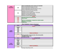 BAILE DE MÁSCARAS COM O BLOCO DA SAUDADE
  16/02                         Grupo de Mascarados Piriquitos do Zumbi
Terça-feira        20h          Grupo de Mascarados Fantásticos do Pina
                                Grupo de Mascarados Turma das Almas do Cordeiro
                                Grupo de Mascarados Palhaços de Olinda
                                Orquestra de Frevo Abre-alas (itinerante)
                                Passistas do Grupo Os Fulanos
                                Orquestra de Frevo Vereda Tropical (itinerante)
                   20h
                                Passistas do Grupo Gisele Andrade
                                Mendes e sua Orquestra (itinerante)
                                Passistas do Grupo Angelita Kerolaine
                                                       PALCO
                   21h          Orquestra Raízes Pernambucanas
                   22h          Choro Brasil
                   23h
                   0h           ANTÚLIO MADUREIRA E ORQUESTRA PERRÉ BUMBÁ
                   1h           Ságrama e convidados
                   2h           ANDRÉ RIO

                                PÓLO MANGUE (Festival Recbeat)
                   Hora                                    Programação
                                                       PALCO
                  19h30
                   20h
                   21h
                   22h
 13/02
                   23h
 Sábado           0h30
                                                 TENDA ELETRÔNICA
                   21h
                                DJ Negralha(RJ) /MC Funk (RJ)/ MC Ze Brown(PE)
              a partir de 01h   DJ Deeder Zaman (UK)
                                VJ Milena Sa (RJ)
                   Hora                                     Programação
                                                       PALCO
                  19h30
                    20h
                    21h
                  22h10
 14/02            23h20
Domingo            0h30
                                                 TENDA ELETRÔNICA
                   21h
                                DJ Nego Moçambique (SP)
              a partir de 01h
 