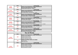 Hora                                     Programação
  23/01               ENSAIO DE BATUQUEIROS E NANÁ VASCONCELOS
  Sábado       19h    Maracatu Nação Raízes de Pai Adão
                      Estrada Velha de Água Fria - Recife
               Hora                                    Programação
  27/01               ENSAIO DE BATUQUEIROS E NANÁ VASCONCELOS
Quarta-Feira   19h    Maracatu Nação Axé da Lua
                      Rua Cardoso Moura, 106 Peixinhos - Olinda
               Hora                                    Programação
   28/01              ENSAIO DE BATUQUEIROS E NANÁ VASCONCELOS
Quinta-Feira   19h    Maracatu Nação Cambinda Estrela
                      Rua Marcilio Dias, 14 Chão de Estrelas - Recife (terminal do ônibus)
               Hora                                   Programação
  30/01               ENSAIO DE BATUQUEIROS E NANÁ VASCONCELOS
  Sábado       19h    Maracatu Leão Coroado
                      Rua José Dias de Moraes, 106 Águas Compridas - Olinda
               Hora                                   Programação
  31/01               ENSAIO DE BATUQUEIROS E NANÁ VASCONCELOS
 Domingo       19h    Maracatu Nação Encanto do Dendê
                      Rua Antonio Antão de Carvalho Reis, 11 Nova Descoberta - Recife
               Hora                                   Programação
  03/02               ENSAIO DE BATUQUEIROS E NANÁ VASCONCELOS
Quarta-Feira   19h    Maracatu Nação Gato Preto
                      Rua Lage Grande, 155 Alto dos Coqueiros - Recife
               Hora                                   Programação
   04/02              ENSAIO DE BATUQUEIROS E NANÁ VASCONCELOS
Quinta-Feira   19h    Maracatu Nação Encanto da Alegria
                      Rua Coremais, 40 Mangabeira - Recife
                               Rua da Moeda
               Hora                               Programação
                      ENSAIO DE BATUQUEIROS E NANÁ VASCONCELOS
                      Maracatu Aurora Africana
               19h    Maracatu Encanto do Pina
  15/01
                      Maracatu Leão da Campina
Sexta-feira
                      Maracatu Almirante do Forte
                      ENSAIO DE AFOXÉ E ESCOLA DE SAMBA
               22h    Afoxè Ará Ode
                      GRES Deixa Falar
               Hora                               Programação
                      ENSAIO DE BATUQUEIROS E NANÁ VASCONCELOS -
                      Maracatu Nação de Luanda
                      Maracatu Raízes de Pai Adão
               19h
  22/01               Maracatu Cambinda Africana
Sexta-feira           Estrela Brilhante do Recife
 