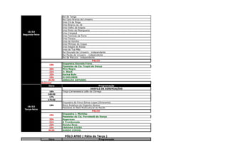 Boi de Tanga
                            Boi Cara Branca de Limoeiro
                            Urso Zé da Pinga
                            Urso Branco do Zé
                            Urso Velho de Angola
                            Urso Preto da Pitangueira
   15/02
                            Urso Cangaçá
Segunda-feira
                            Urso Teimoso da Torre
                            Urso Texaco
                            Urso do Vizinho
                            Urso Mimoso do Coque
                            Urso Alegre de Areias
                            Urso da Tua Mãe
                            Boi Dourado de Limoeiro - independente
                            Boi Pavão de Limoeiro - independente
                            Boi da Macuca - independente
                                                      PALCO
                            Orquestra Gouveia Frevo
                     19h
                            Passistas da Cia. Trapiá de Dança
                      20h   Mira Negra
                      21h   Jr. Black
                      22h   Karina Buhr
                      23h   DJ DOLORES
                     0h30   ARNALDO ANTUNES
                Subtotal
                     Hora                                   Programação
                                                     DESFILE DE AGREMIAÇÕES
                     16h    Troça Carnavalesca Leão do Córrego
                    16h30
                     17h
                    17h30
                            Orquestra de Frevo Edmar Lopes (Itinerante)
                     18h    Bloco Andaluza do Engenho Abreus
   16/02
                            Passistas do Balé Multicultural do Recife
 Terça-feira
                                                     PALCO
                            Orquestra J. Michiles
                     19h
                            Passistas da Cia. Forrobodó de Dança
                    20h     Rogerman
                    21h     A Trombonada
                    22h     Renata Rosa
                    23h     FABIANA COZZA
                    0h30    NANDO CORDEL

                              PÓLO AFRO ( Pátio do Terço )
                    Hora                                    Programação
 