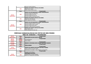19h
  22/01
Sexta-feira
                        Maracatu Nação Elefante
                        ENSAIO DE AFOXÉ E ESCOLA DE SAMBA
                22h     Afoxè Oxum Jagurá
                        GRES Unidos de São Carlos
                Hora                                    Programação
                        ENSAIO DE BATUQUEIROS E NANÁ VASCONCELOS
                        Maracatu Nação Sol Nascente
                19h     Maracatu Nação Porto Rico
  29/01
                        Maracatu Nação Axé da Lua
Sexta-feira
                        Maracatu Nação Cambinda Estrela
                        ENSAIO DE AFOXÉ E ESCOLA DE SAMBA
                22h     Afoxé Omo Nilé Ogunjá
                        GRES Gigante do Samba
                Hora                                    Programação
                        ENSAIO DE BATUQUEIROS E NANÁ VASCONCELOS
                        Maracatu Nação Encanto do Dendê
                19h     Maracatu Nação Leão Coroado
  05/02
                        Maracatu Nação Gato Preto
Sexta-feira
                        Maracatu nação Encanto da Alegria
                        ENSAIO DE AFOXÉ E ESCOLA DE SAMBA
                22h     Afoxé Ogbom Obá
                        GRES Estudante de Sâo José



           PRÉVIAS CARNAVALESCAS DO PÁTIO DE SÃO PEDRO
                    MÊS DE JANEIRO / FEVEREIRO
  08/01          Hora                                  Programação
Sexta-Feira      20h    GRAVAÇÃO DO DVD DE EDY CARLOS
                 Hora                                  Programação
  09/01
                20h30   As Sambadeiras
  Sãbado
                21h30   Doutor Black
  10/01          Hora                                  Programação
 Domingo         15h    ENSAIO E OFICINAS COM O AFOXÉ OMÔ NILÊ OGUNJÁ
  12/01          Hora                                  Programação
Terça-feira      20h    TERÇA NEGRA
                 Hora                                  Programação
  14/01                 ACERTO DE MARCHA DE BLOCO DE PAU E CORDA
Quinta-feira    20h     Ensaio do Bloco Eu Quero Mais
                        Agremiacao Convidada - Bloco Madeira do Rosarinho
                Hora                                   Programação
                10h     Pesagem do Rei Momo
                        FREVANDO NO PÁTIO
  15/01                 ORQUESTRA DE FREVO BRASIL
                19h
Sexta-feira             GRUPO DE PASSISTAS DEVERAS
 