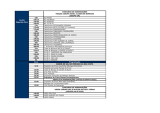 CONCURSO DE AGREMIAÇÕES
                                    TROÇAS (GRUPO DOIS), CLUBES DE BONECOS
                                                 (GRUPO UM)
                 16h    Boi PAVÃO
   15/02        16h15   Boi DOURADO
Segunda-feira   16h30   Boi SORRISO
                16h45   Boi TA TA TA
                 17h    Caboclinhos POTIGUARES (GOIANA)
                17h20   Caboclinhos SETE FLECHAS (S. Lourenço)
                17h40   Caboclinhos PARANAGUASES
                 18h    Caboclinhos TABAJARAS (CAMARAGIBE)
                18h20   Caboclinhos ARAPAÓS
                18h40   Caboclinhos INDIO BRASILEIRO (B. AIRES)
                 19h    Caboclinhos TAPERAGUASES
                19h20   Caboclinhos GUAIANÁS
                19h40   Caboclinhos TUPY GUARANY (B. AIRES)
                 20h    Caboclinhos CANINDÉ (SÃO LOURENÇO)
                20h20   Caboclinhos TAQUARACI
                20h45   C. de Bonecos MOTORISTA EM FOLIA
                 21h    Clube de Bonecos MECA DO FREVO
                21h15   Clube de Bonecos O HOMEM DO BURITI
                 22h    G.R.E.S. QUERIDOS DA MANGUEIRA
                22h30   G.R.E.S. RAIO DE LUAR
                 23h    G.R.E.S. ÁGUIA DOURADA
                23h30   G.R.E.S. SKY LAB
                  0h    G.R.E.S. ORIENTE
                 Hora                                     Programação
                                         MANHÃ DE SOL NO MERCADO DA BOA VISTA
                12:00   Orquestra de Frevo Lourdinha Nóbrega (itinerante)
                        Passistas da Escola Munipal de Frevo
                13:00   Clube de Boneco O Homem do Buriti
                13:30   Urso Polar do Pina
                14:00   Urso Prateado
                14:30   Orquestra Evocações do Maestro Barbosa
                16:00   Orquestra de Frevo Raízes Pernambucana
                                    DESFILE DE AGREMIAÇÕES (PÁTIO DE SANTA CRUZ)
                12:00   Orquestra de Frevo Abre-alas (itinerante)
                        Passistas da Cia Alexandre Spain
                13:00   Urso Popular da Sapiranga
                                           CONCURSO DE AGREMIAÇÕES
                                   URSOS (GRUPO UM) E BLOCOS DE PAU E CORDA
                                              (GRUPOS UM E DOIS)
                14h30   URSO POLO SUL
                14h45   URSO MIMOSO DO COQUE
                 15h    URSO PANDA




   16/02
 Terça-feira
 