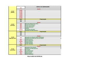 DESFILE DE AGREMIAÇÕES
                16h
                                               PALCO
                20:00
   13/02        21:30
   Sábado       21:45
                22:00
                22:30
                23:30
                00:30
                01:30
                Hora                                Programação
                 11h
                 14h
                                                PALCO
                19h     Maracatu Nação Porto Rico
   14/02
                20h     Romero Pernambuco
  Domingo
                20h     Erasto Vasconcelos
                21h     Lia de Itamaracá
                22h     LENINE
                        Oorquestra de Dudu
                23h30
                        Passistas do Balé Deveras
                Hora                                Programação
                11h
                14h
                18h
                                                 PALCO
   15/02                Orquestra do Maestro Edson Rodrigues
                19h
Segunda-feira           Passistas da Escola de Frevo do Recife
                 20h    Cristina Amaral
                 21h    Chá de Zabumba
                22h30   Charles Theony
                  0h    ALMIR ROUCHE
                1h30    ALCEU VALENÇA
                 Hora                                 Programação
                                                 PALCO
                        Orquestra Frevo Brasil
                19h
                        Passistas do Balé Deveras
   16/02
                 20h    Gil Cordas
 Terça-feira
                 21h    Sevi Nascimento
                22h30   Rogério Rangel
                 0h     Som da Terra
                1h30    NONÔ GERMANO

                            POLO CHÃO DE ESTRELAS
 
