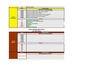 1h           NAÇÃO ZUMBI
                   Hora                                           Programação
                                                          DESFILE DE AGREMIAÇÕES
                   15:00         Maracatu de Baque Solto Leão Faceiro de Nazaré da Mata
                   15:30         Maracatu de Baque Solto Leãozinho das Flores
                   16:00         Maracatu de Baque Solto Pinguim
                   16:30         Maracatu de Baque Solto Estrela de Ouro de Igarassú
                   17:00         Maracatu de Baque Solto Estrela de Tracunhaém
                   17:30         Maracatu de Baque Virado Afro Brasileiro
  16/02
                   18:00         Maracatu Nação Elefante
Terça-feira
                                                           PALCO
                                 SPOKFREVO ORQUESTRA
                    19h
                                 Passistas da Cia. Lúden de Dança
                   20h           Eta Carinae
                   21h           N'Zambi e convidados
                   22h           ORTINHO
                  23h30          EDDIE
                   1h            ARNALDO ANTUNES

                                     POLO JARDIM SÃO PAULO
                                          Av. São Paulo
                   Hora                                        Programação
                                                         DESFILE DE AGREMIAÇÕES
                   15:00
                   15:30
                   16:00
                   16:30
                   17:00
                   17:30
 13/02
                   18:00
 Sábado
                                                           PALCO
                   19h
                   20h
                   21h
                   22h
                   23h
                    0h
                    1h
                   Hora                                        Programação
                                                          PROGRAMAÇÃO INFANTIL

              A partir das 16h


 14/02
Domingo
 