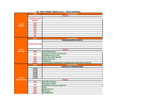 Av. Dom Helder Câmara s/n – Ibura de Baixo
                     Hora                                    Programação
                                                         PALCO
                Intervalos dos
                    Shows
                     19h
   13/02
                     29h
   Sábado
                     21h
                     22h
                     23h
                      0h
                      1h
                      2h
                     Hora                                    Programação
                                                        PROGRAMAÇÃO INFANTIL

                A partir das 16h


   14/02                                                  PALCO
  Domingo             19h          Cia PÉ Nambuco
                                   Orquestra de Frevo Harmonia
                      20h
                                   Passistas da Cia. AJE
                     21h           Afoxé Omo Nilê Ogunjá
                     22h           Bernardo Alves
                     23h           Josildo Sá
                     0h30          CLAUDIONOR GERMANO E ORQUESTRA POPULAR DO RECIFE
                     Hora                                      Programação
                                                         DESFILE DE AGREMIAÇÕES
                     15:00
                     15:30
                     16:00
                     16:30
                     17:00
   15/02             17:30
Segunda-feira                                             PALCO
                      19h          Cia AJE de Dança
                                   Orquestra Valois
                      20h
                                   Passistas do Grupo Leões'Art
                     21h           Viruz
                     22h           Sinhô Pereira
                     23h           Ed Carlos
                     0h30          ZÉ RAMALHO
 