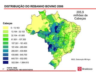 DISTRIBUIÇÃO DO REBANHO BOVINO 2006

                                               205,9
                                             milhões de
                                             Cabeças
Cabeças
         0 - 13.163
          13.164 - 32.103
          32.104 - 61.800
          61.801 - 107.300
          107.301 - 181.453
          181.454 - 285.000
          285.001 - 430.864
          430.865 - 645.700
          645.701 - 932.083                IBGE, Elaboração MB Agro
          932.084 - 1.994.810

      FONTE: IBGE
37
      ELABORAÇÃO: MB ASSOCIADOS
 