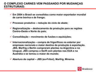 O COMPLEXO CARNES VEM PASSANDO POR MUDANÇAS
 ESTRUTURAIS:

      Em 2004 o Brasil se consolidou como maior exportador mundial
       de carne bovina e de frango;

      Processo produtivo – redução do ciclo de abate;

      Regionalização – deslocamento da produção para as regiões
       Centro-Oeste e Norte do país;

      Consolidação – movimento de fusões e aquisições;

      Internacionalização – compra de frigoríficos no exterior por
       empresas nacionais e maior destino da produção à exportação.
       JBS, Marfrig e Bertin compraram plantas na Argentina e no
       Uruguai. JBS comprou a Swift com plantas nos EUA e na
       Austrália e se tornou o maior do mundo;

      Abertura de capital – JBS (ex-Friboi), Marfrig, Minerva.


61
 